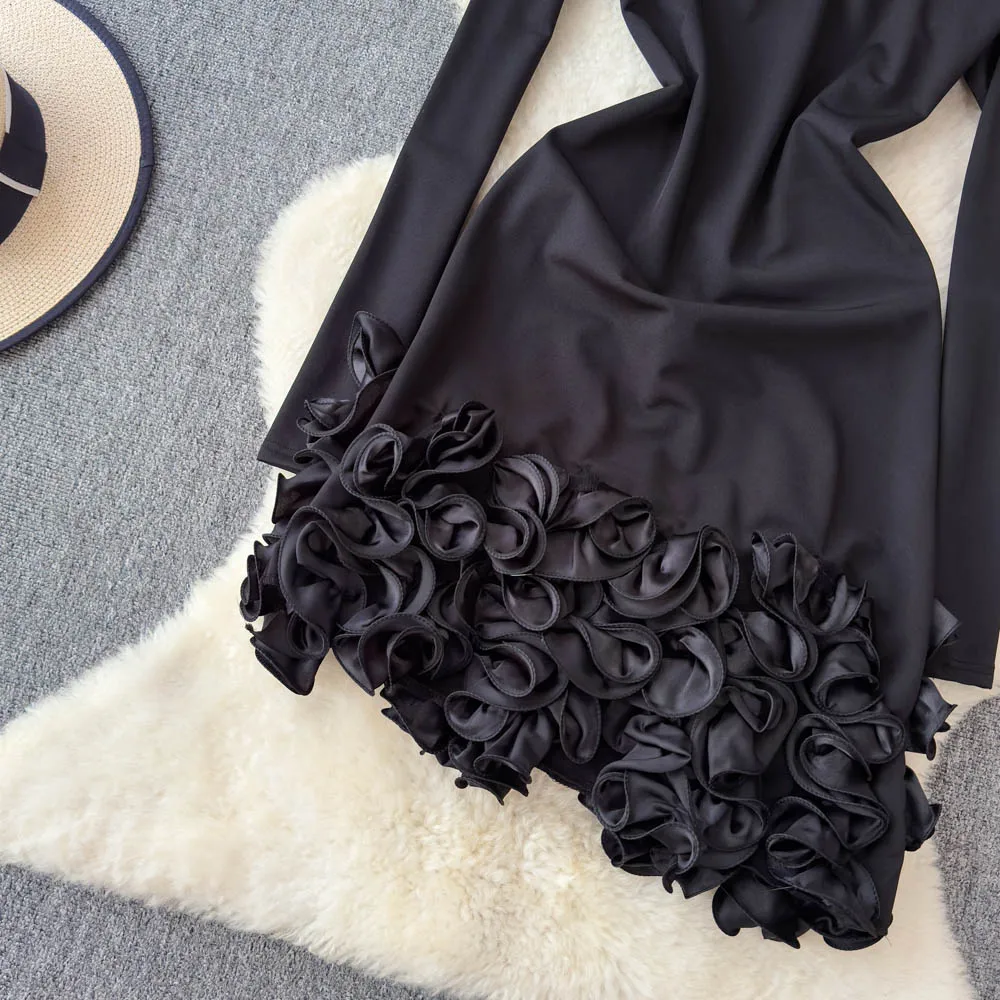 TWOTWINSTYLE Solid Slim Spliced Appliques Cute Dresses For Women Round Neck Long Sleeve High Waist Chic Dress Female KDR553206