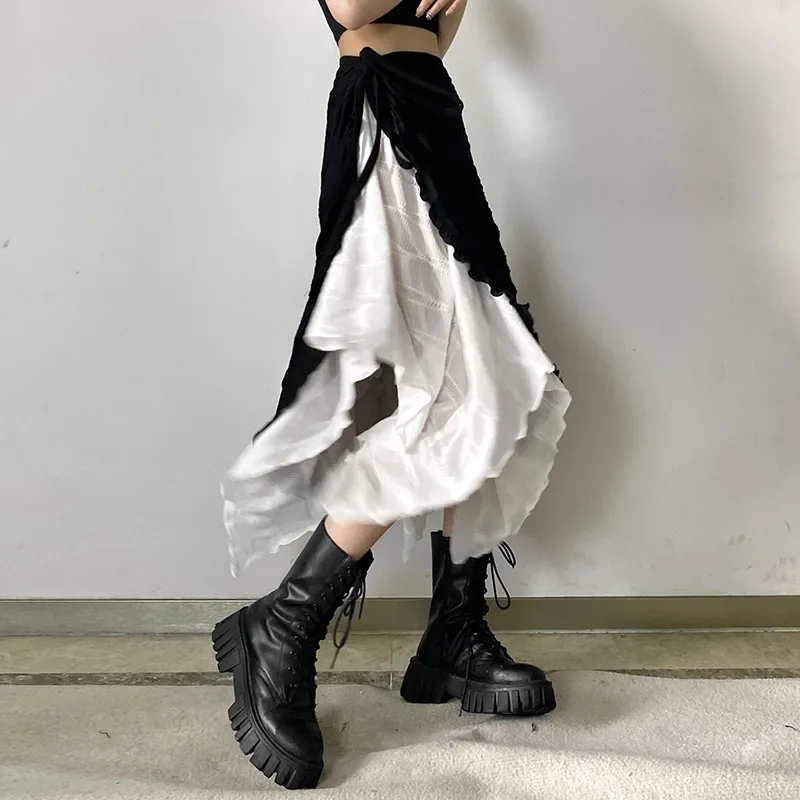 Harajuku Punk Style Skirts for Women, High Waist Splicing, Irregular Gothic Skirt, Black and White Streetwear, Lace Up, Fashion