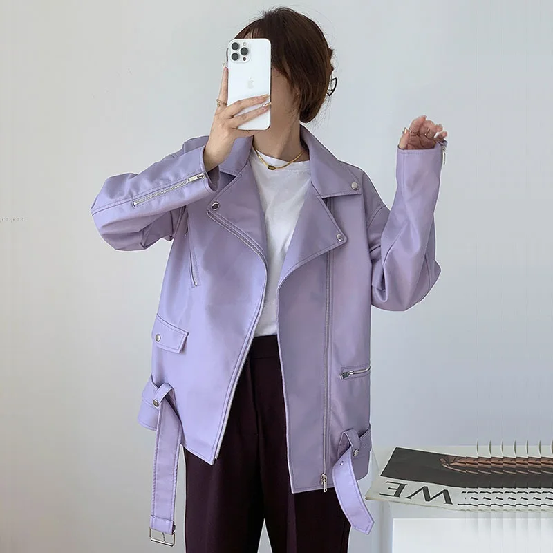 Spring Korean Casual Faux Leather Jacket Women Short Coat With Belt Purple Beige Black Lapel Long Sleeve PU Leather Biker Jacket