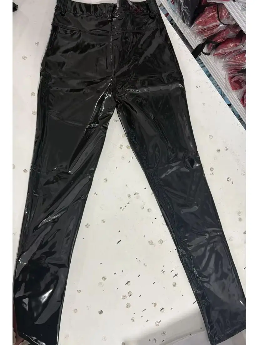 Wet Look PVC Jeans Shiny PU Leather Trousers Tight Button Pocket Pants Gothic Punk Motorcycle Panton Spodnie Bottoms Pantalettes view 2