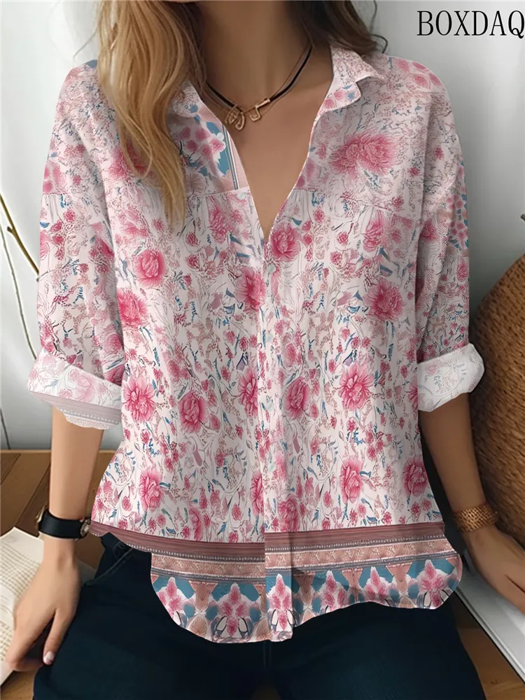 Elegant Long Sleeve Loose Lapel Blouse Women Autumn Winter Pink Floral Print Button Down Shirts Ladies Casual Office Daily Tops