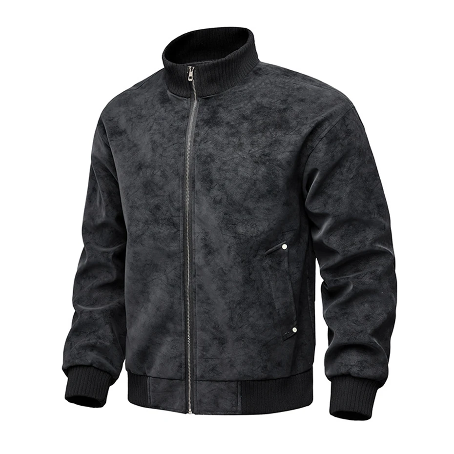 Vintage PU Jacket Men Spring Autumn Motorcycle Biker Stand Collar Jacket Coat Fashion Casual Cargo Jacket Male PU Coat Black