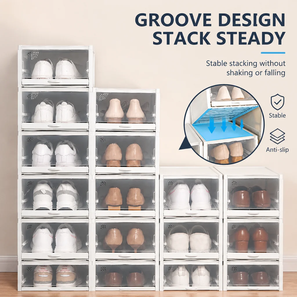 Clear Stackable Shoe Storage Boxes with Pull-Out Drawers for Closet Organization