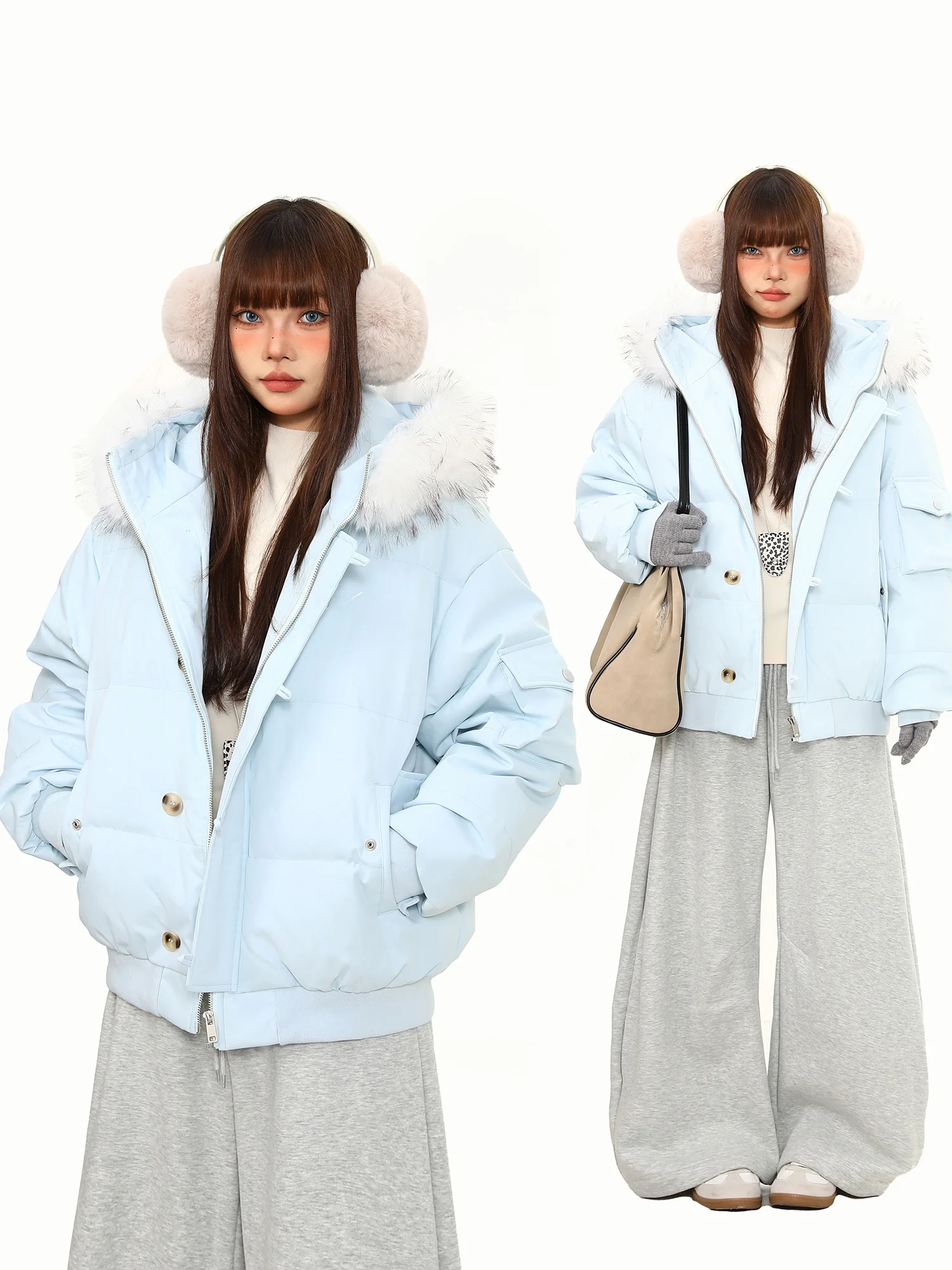 

Wild Du down Parka Women's Thiened Coat Fur Collar Winter New Sle Warmth Outerwear Trendy Street Sle Loose Fit Zipper