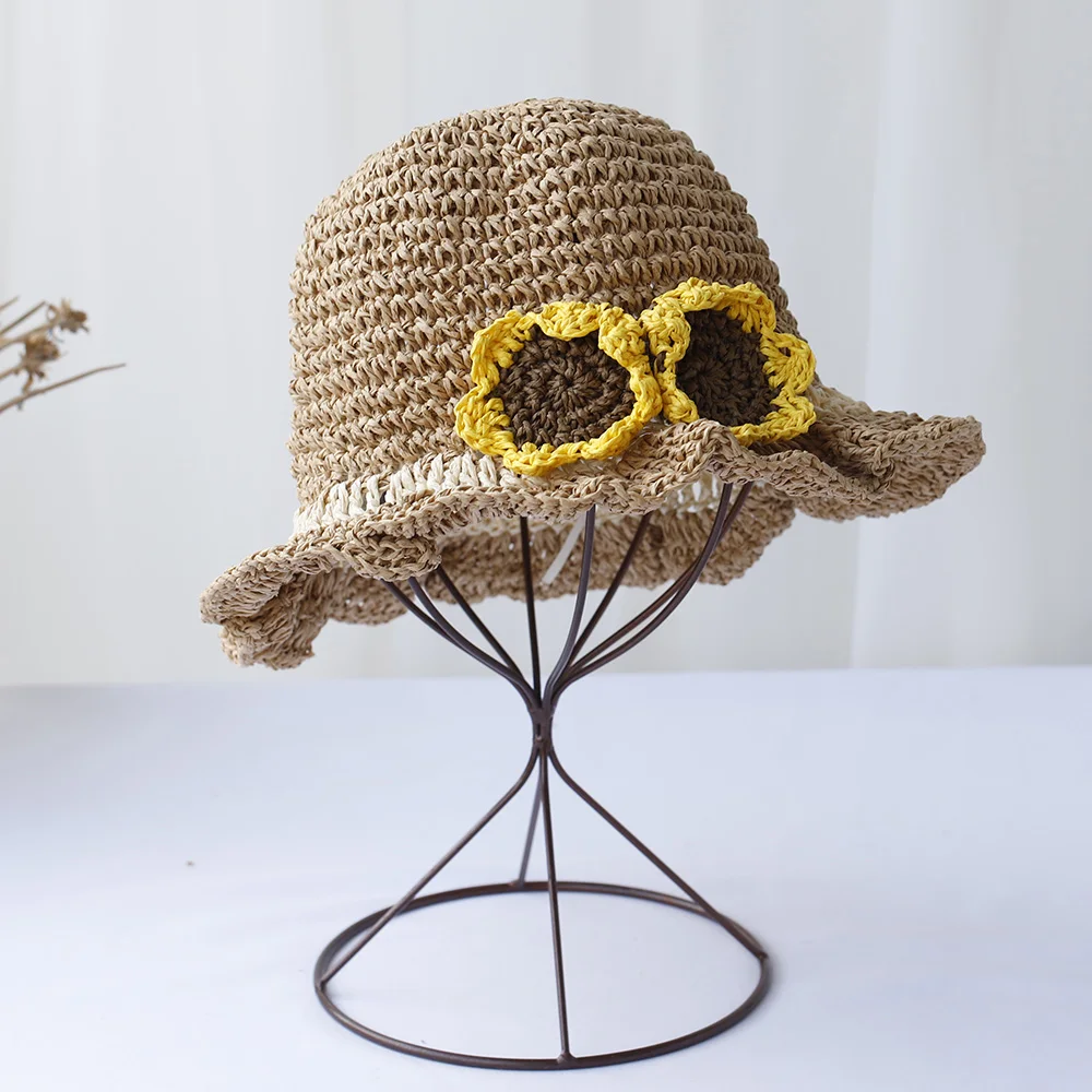 new Cute and Sweet Children\'s straw hat, girl\'s sun hat, sunflower hat, lace with windproof rope, holiday hat handmade straw hat