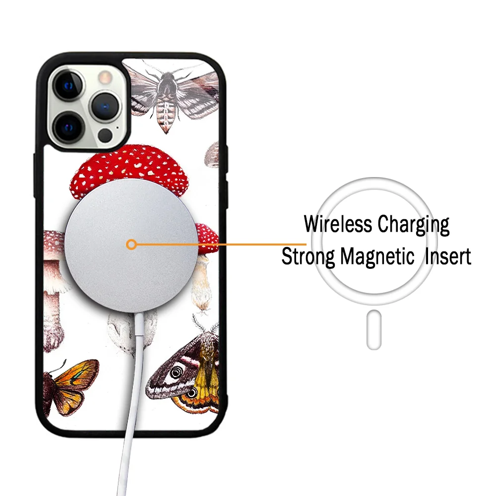 Moths And Mushrooms Phone Case For IPhone 11 12 13 14 15 Plus Pro Max Mirror Acrylic Cover For Magsafe Wireless Charging