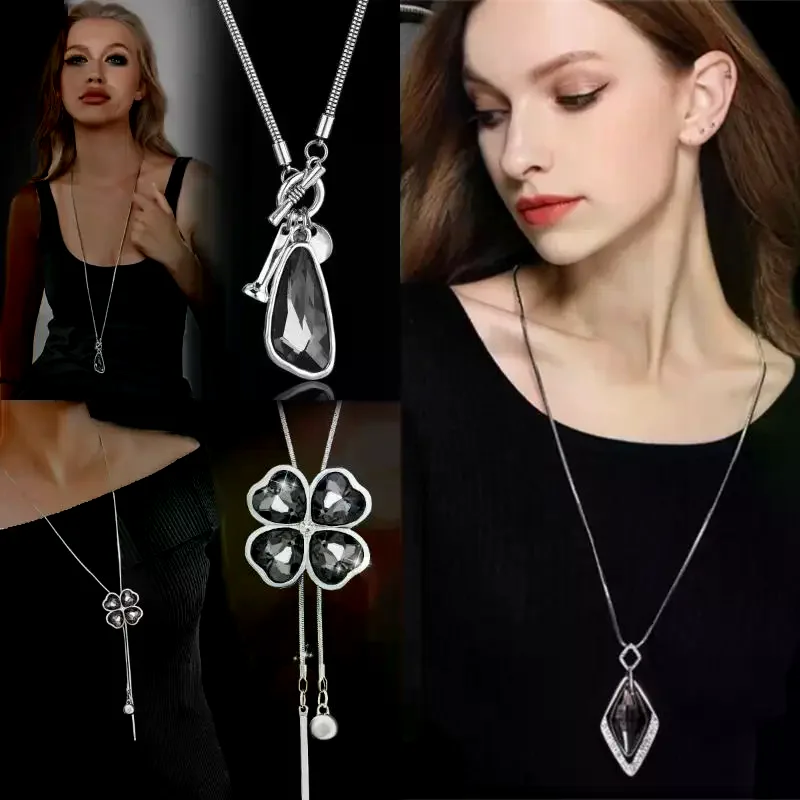 موضة غير النظامية هندسية رمادي كريستال قلادة للنساء أنيقة طويلة قلادة الشتاء سترة سلسلة قلادة مجوهرات