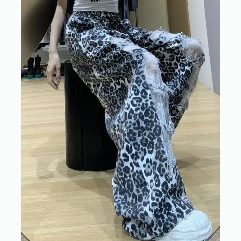 American Leopard Print Lace Patchwork Cutout Wide-Leg Pants Women's Summer Slim 2025 New Drawstring High-Waist Sportswear Pants