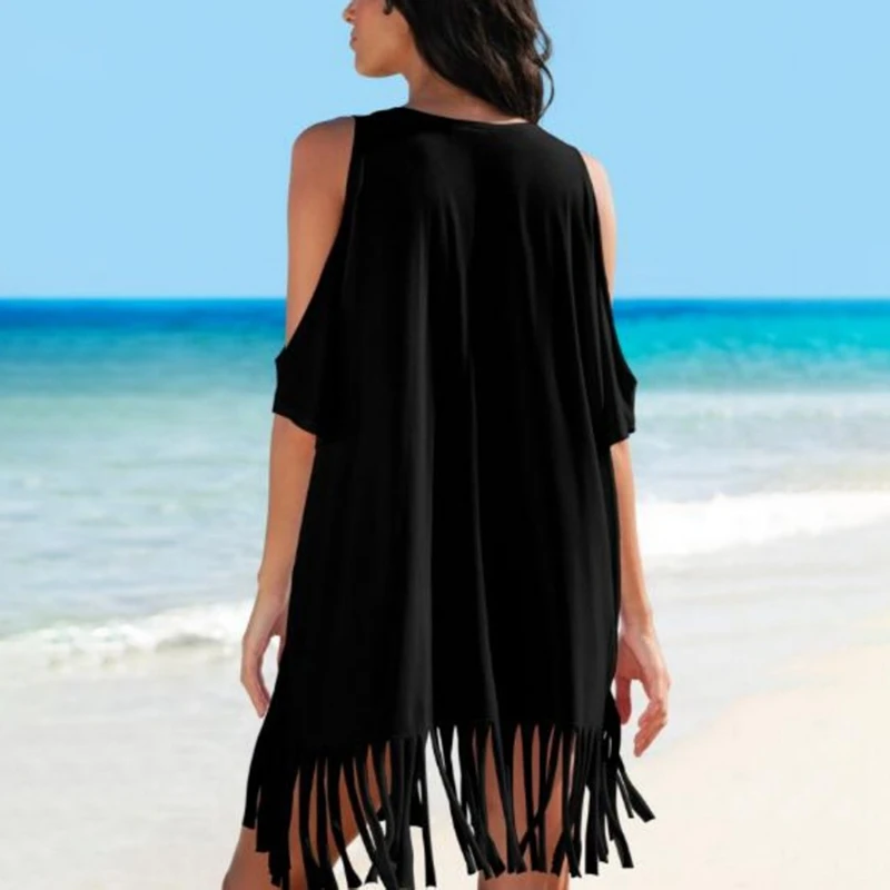 Vrouwen Witte Bikini Kwastje Cover Up Met Fringe Trim Sexy Vrouwen Holle Tuniek Strand Jurk Zomer Badpak Beachwear