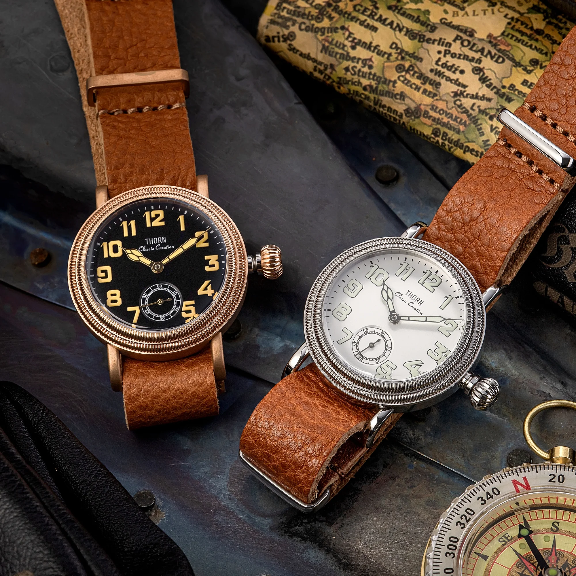 ثورن T013 خمر الطيار ساعة الياقوت فقاعة الزجاج ST1700 حركة مضيئة 5Bar مقاوم للماء 36 مللي متر الرجال ساعات آلية