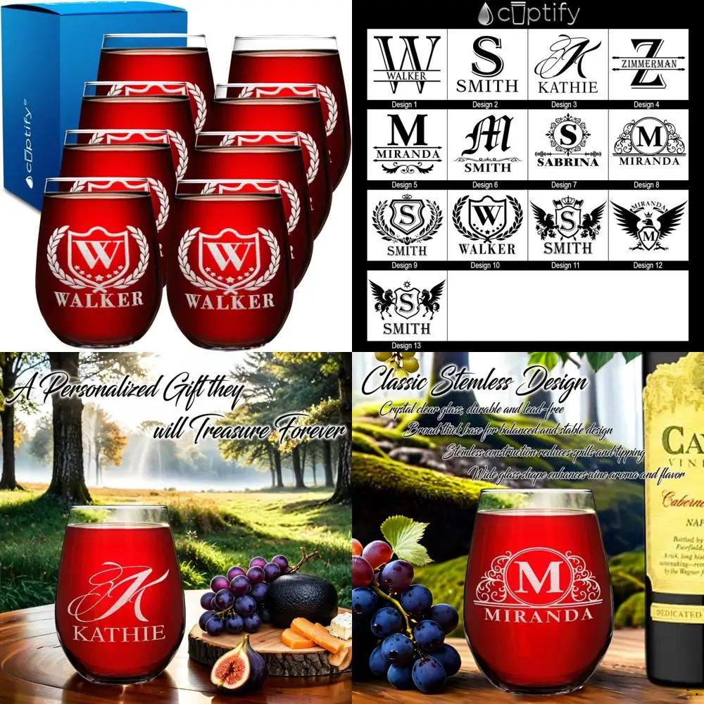 

Набор из 8 бокалов для вина без выгравированных на заказ с инициалами и именами — 17 унций, индивидуальный подарок для женщин, идеально подходит для дней рождения и