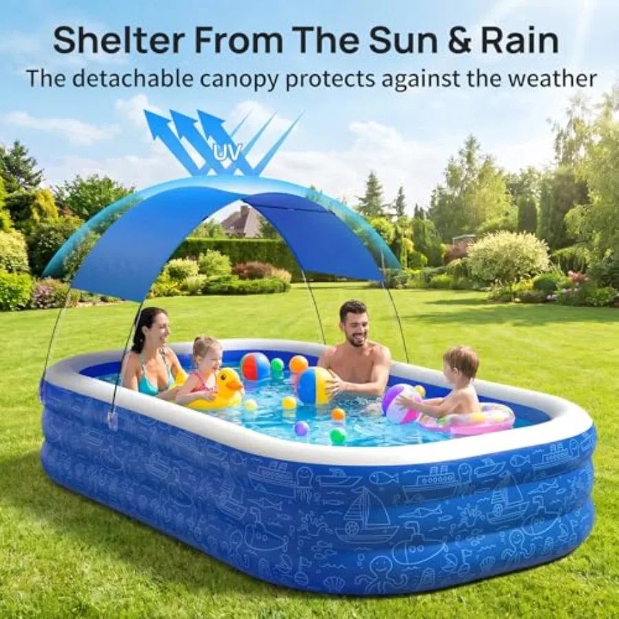 Outdoor blow-up pool for backyard garden, PVC material, blue, large 150 x 70 x 20 size with removable sun shade canopy, durable