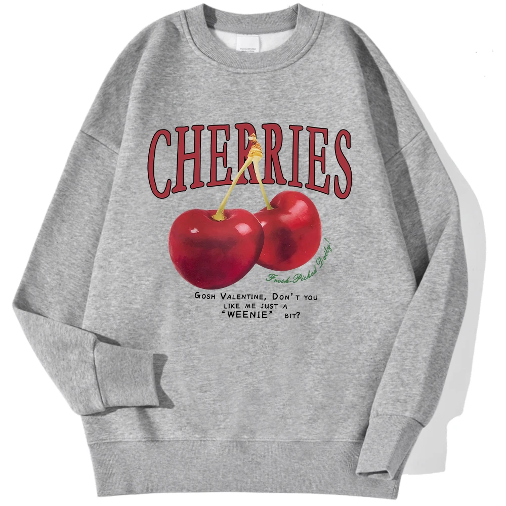 Autumn Winter Womens Sweatshirt Fresh Red Cherries Printing Pullover Loose Crewneck Warm Comfortable Hoodies Street Clothing