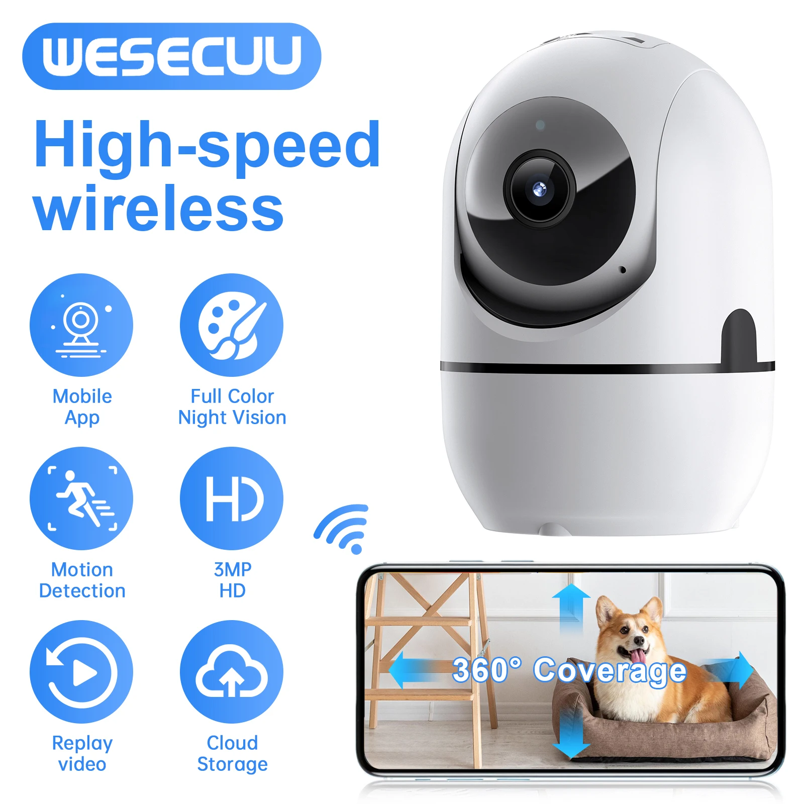 

WESECUU Wi-Fi IP-камера 360° ° Полнофункциональная поворотная камера видеонаблюдения 1080P с автотрекингом, беспроводная, ночного видения, мини-камера