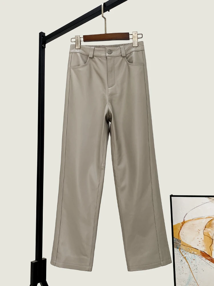 Winter New High Quality Genuine Leather Pants Women's Straight-Leg Stylish Simple and Versatile Sheepskin Cropped