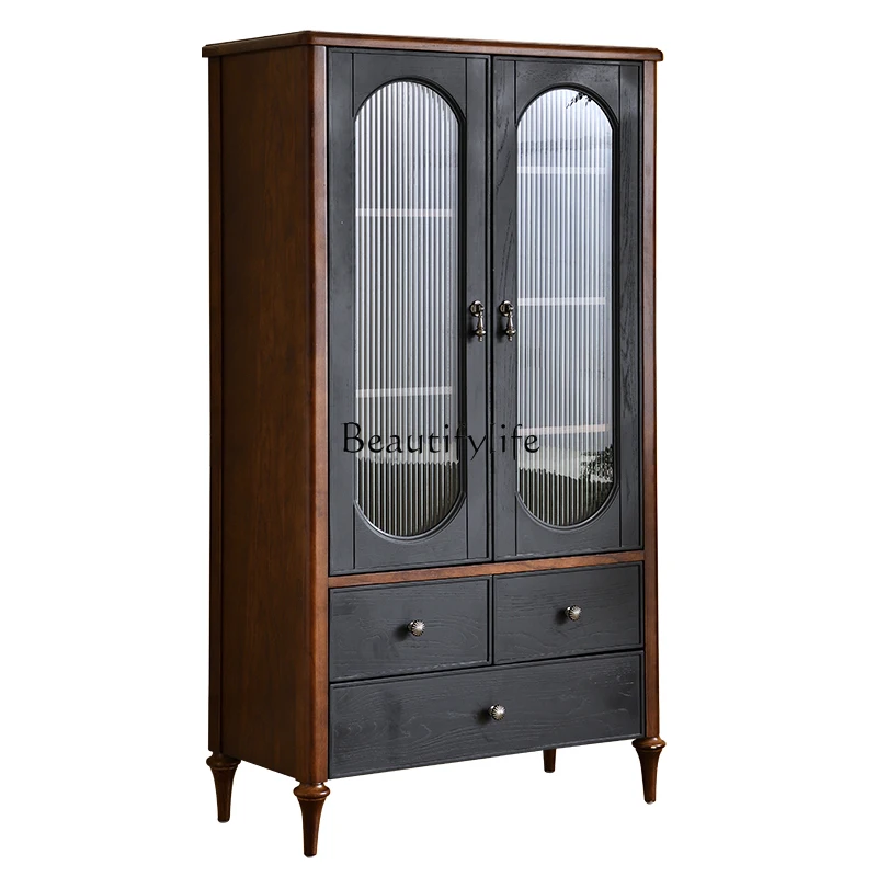 

French retro solid wood glass wine cabinet small apartment living room display storage household side cabinet