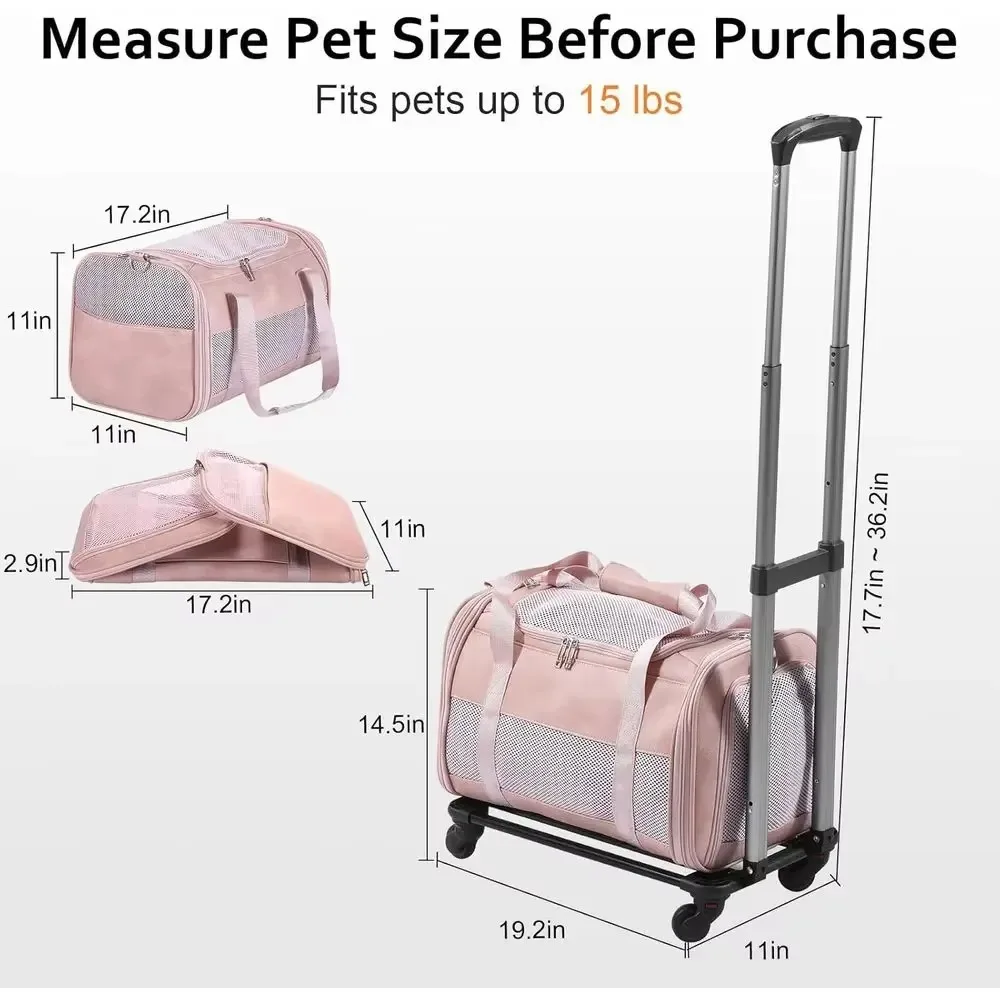 FurStarAirline Approved Pet Carrier With Wheels, Rolling Soft Sided Dog Cat Travel Bag, Premium Fashion Leather Small Pet Carrie