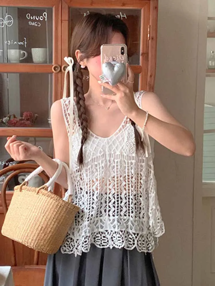 N Sle Band Vest 2024 Nieuwe Dames Bovenkleding Gebreide Zomer Hollow Out Top Svel V-Ne Regular Fit Kleur