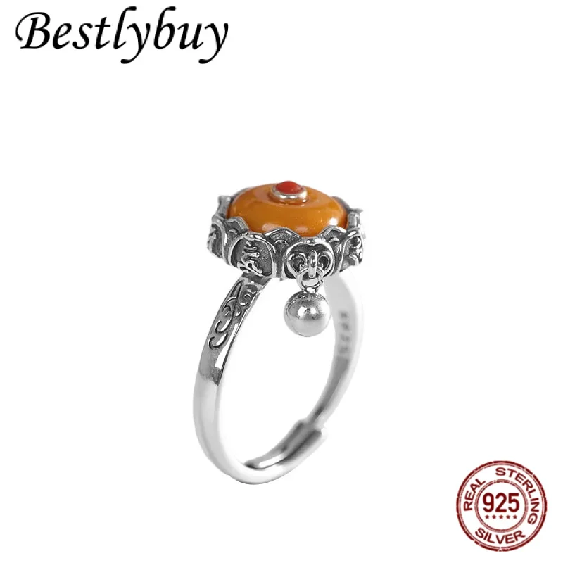 

НОВОЕ серебро S925, натуральный медовый воск, персонализированное кольцо с шестью символами, мантра, лотос, вращающееся ювелирное изделие, женский уникальный подарок