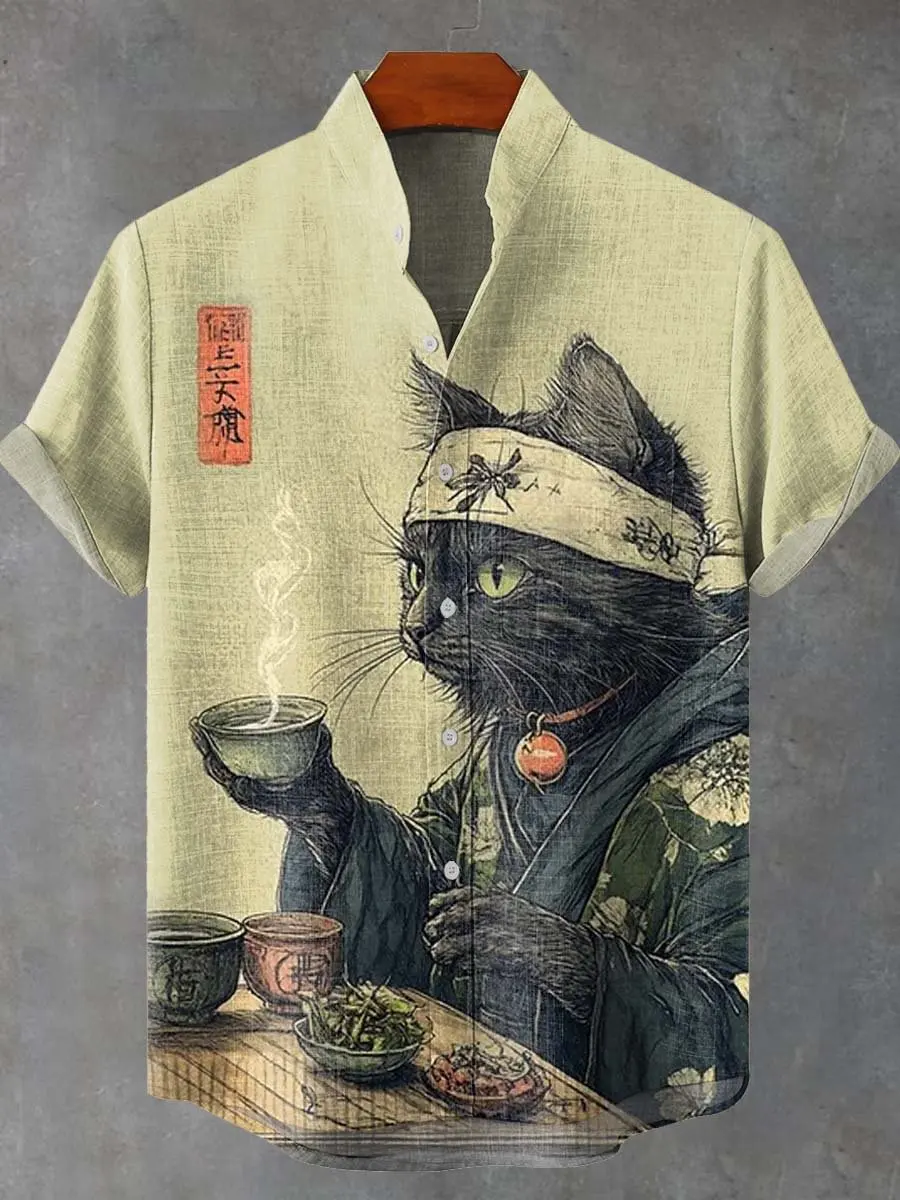 Men's Summer Japanese Style Art Cat Pattern Print men's Retro Linen Short Sleeved Shirt Casual Simple Button Top camisa hombre