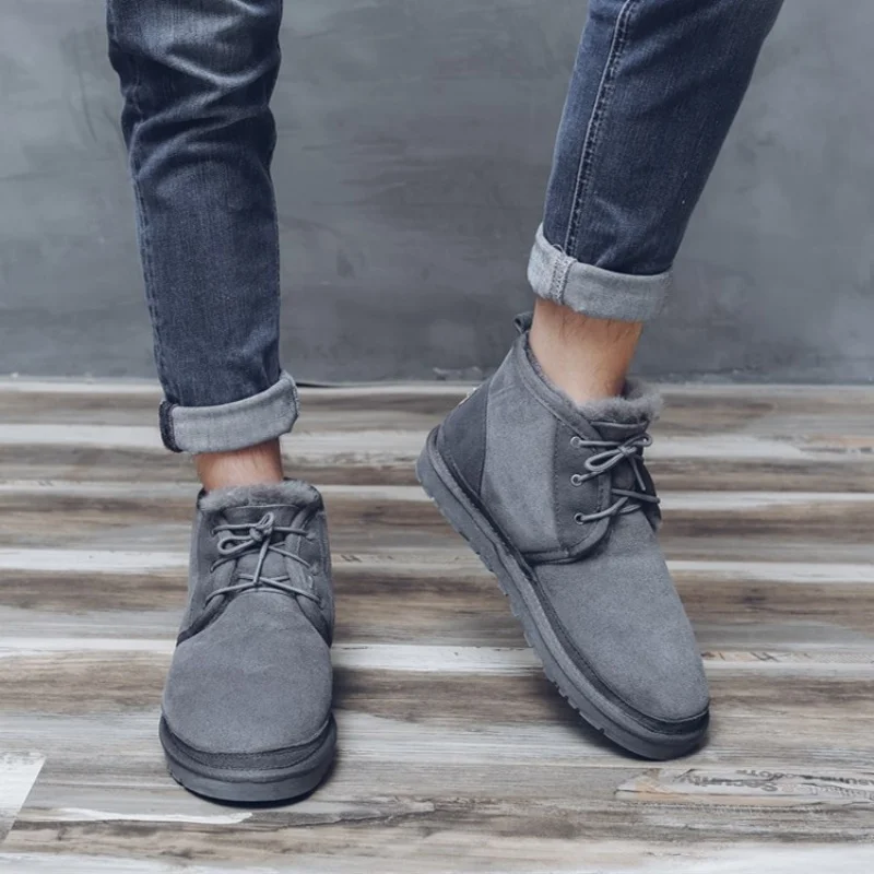 Fashion Lace up Men's Snow Boots Real Sheepskin Leather Winter Boots 100% Natural Fur Wool Ankle Boots Warm Winter Shoes view 5