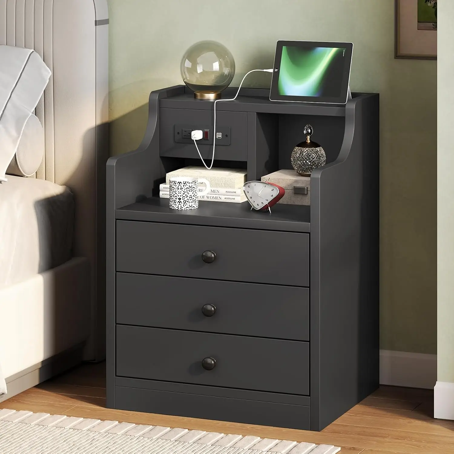 

Black Bedside Table with 3 Drawer Charging Station, Wooden Sofa Side Table with USB Ports and Sockets