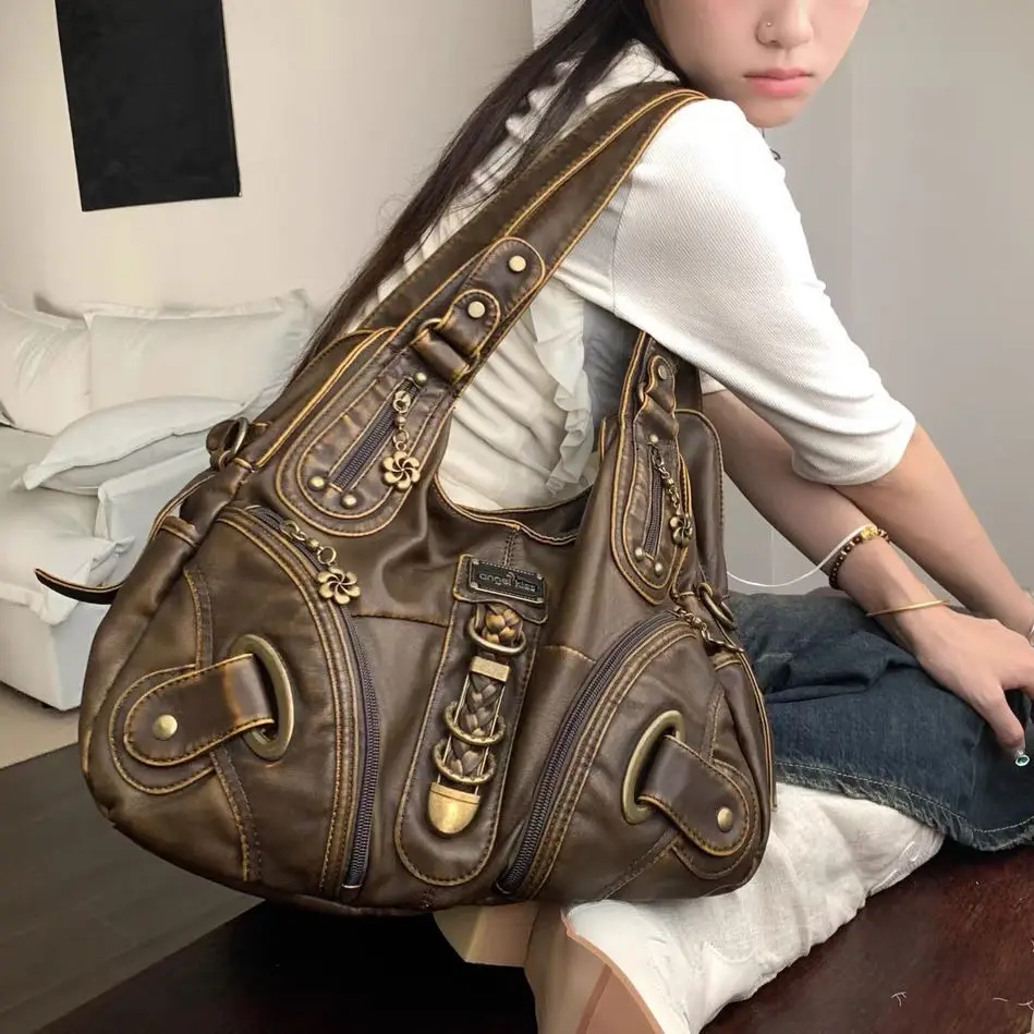 Y2k Big Handbag Women Leather Vintage Motor Shoulder Bags Large Capacity Retro Grunge Handbags High Quality Luxury Designer Tote