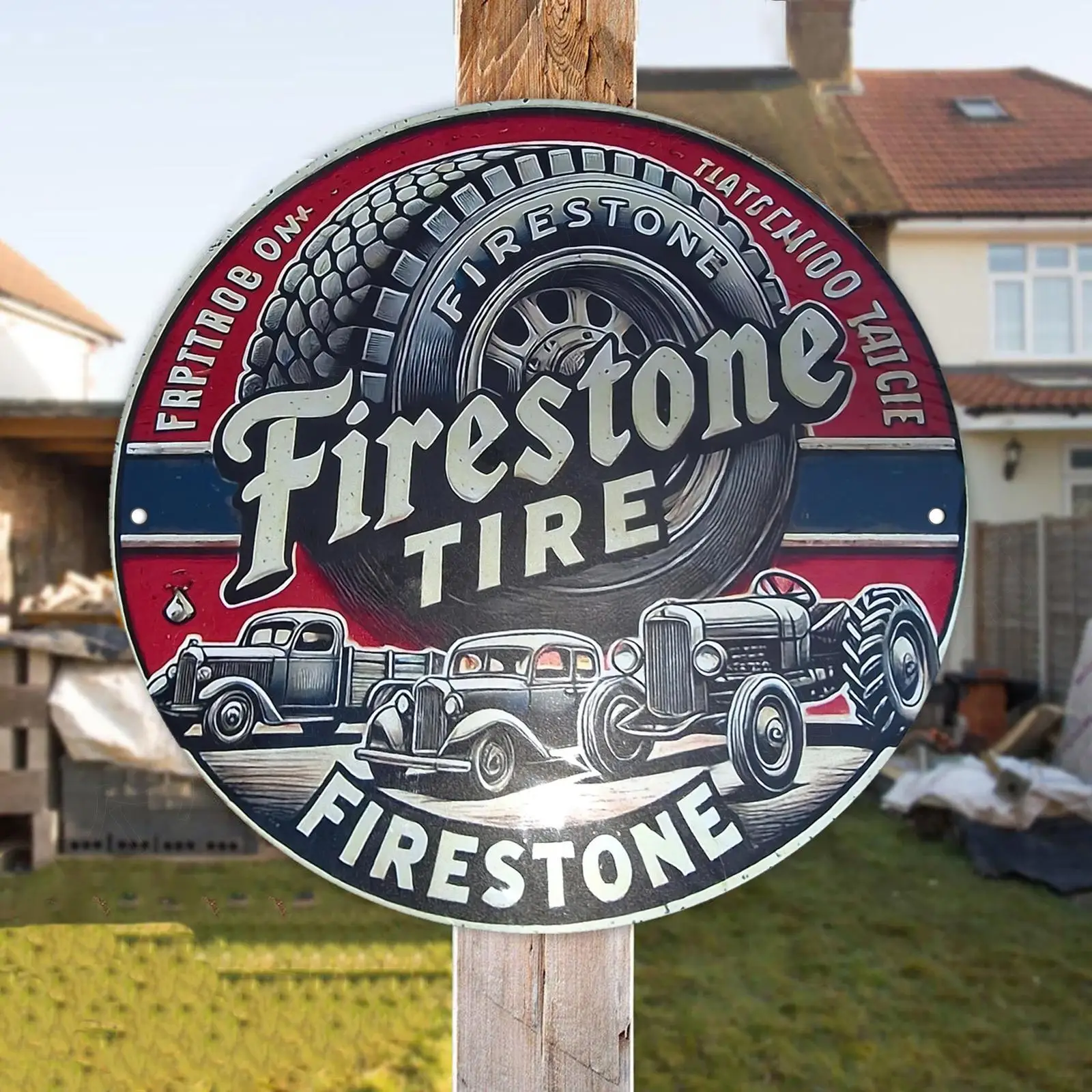 2D Flat - Vintage Firestone Tire Metal Wall Sign - 7.87x7.87 Inch Round Aluminum Plaque with Retro Truck Design, Perfect view 6