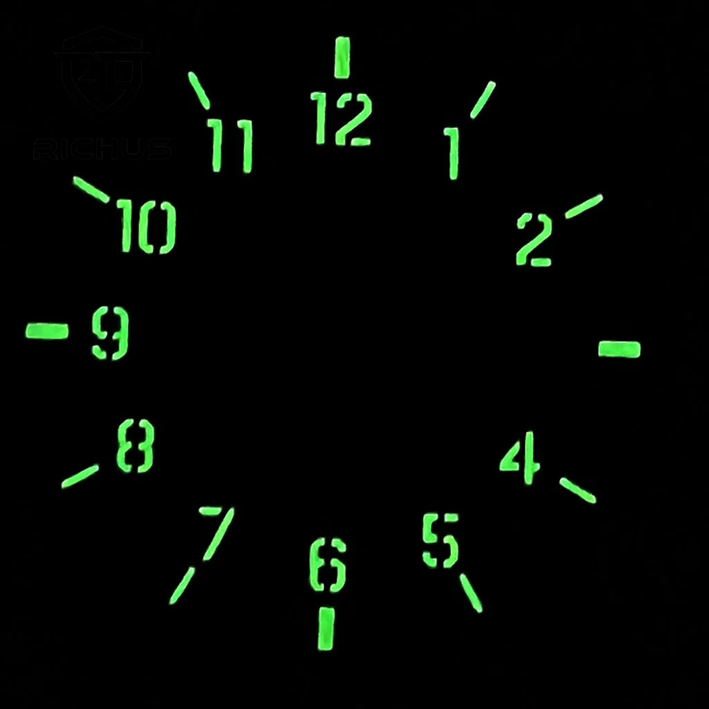 RICHUS 34 ملم قرص ساعة أسود معقم مع عقارب ساعة خضراء مضيئة تناسب حركة NH34 NH35 NH36