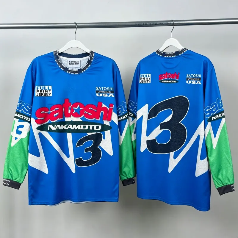 Blue Green Contrasting Color Breathable Mesh No.3 Jersey SATOSHI Long Sleeve Tshirts Hiphop Street Motorcycle Element Print Tops