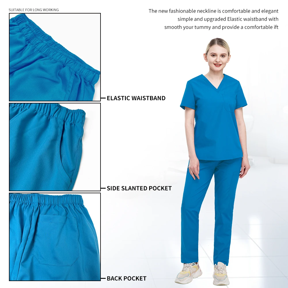 스트레치 스크럽 세트 여성 슬림핏 의료 유니폼 의사 상의 바지 수술복 간호사 액세서리 뷰티 살롱 작업복 스파 세트