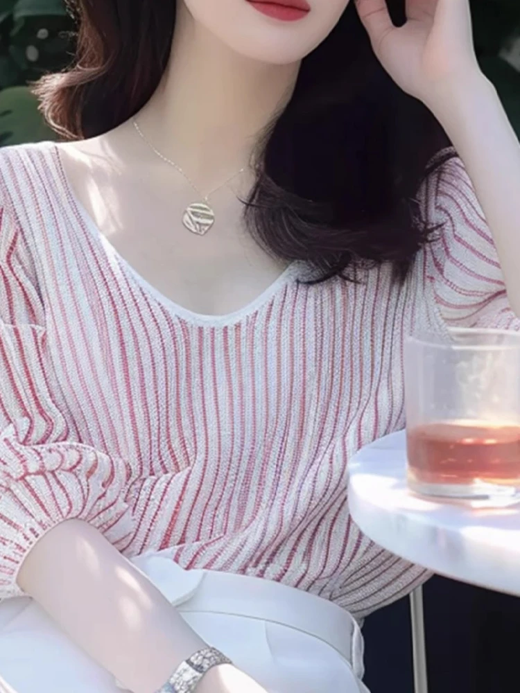Koreaanse Sle ronde Ne Pullover ort Sve Sweet Cute Verticale Strepen Roze Basis irt Zomer Nieuwe Collectie Zijden Top