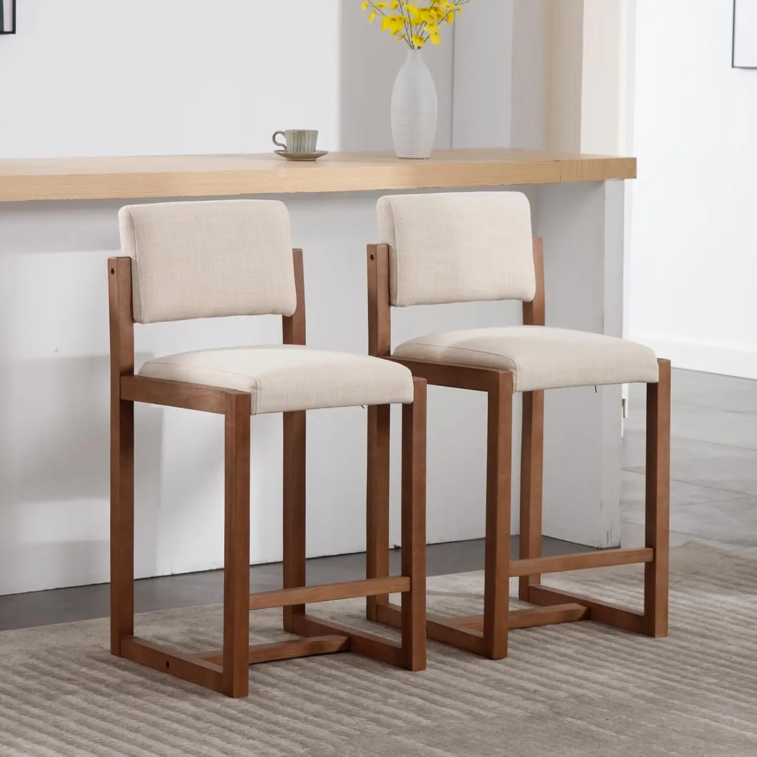 

Современные барные стулья (комплект из 2 шт.), высота 26 дюймов, с спинками, обитые льняной тканью, на деревянных ножках, на заказ