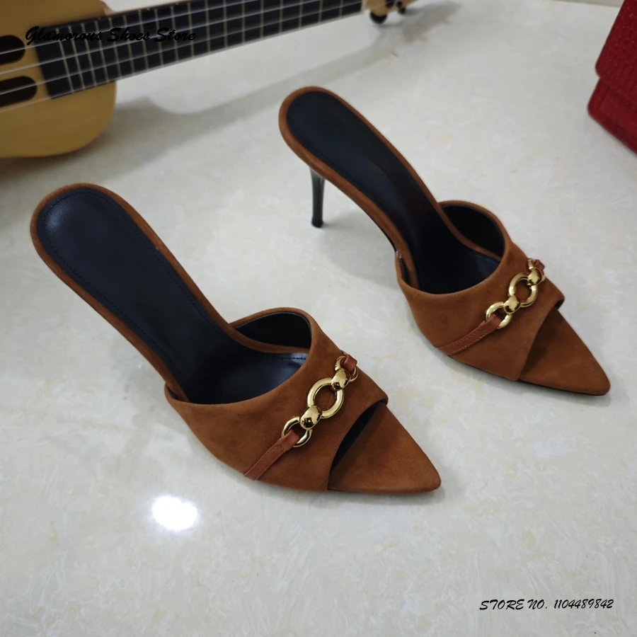 

Детские замшевые сабо на шпильке с металлической пряжкой, женские туфли-лодочки с острым носком и открытым носком на тонком каблуке, летние модные тапочки на открытом воздухе