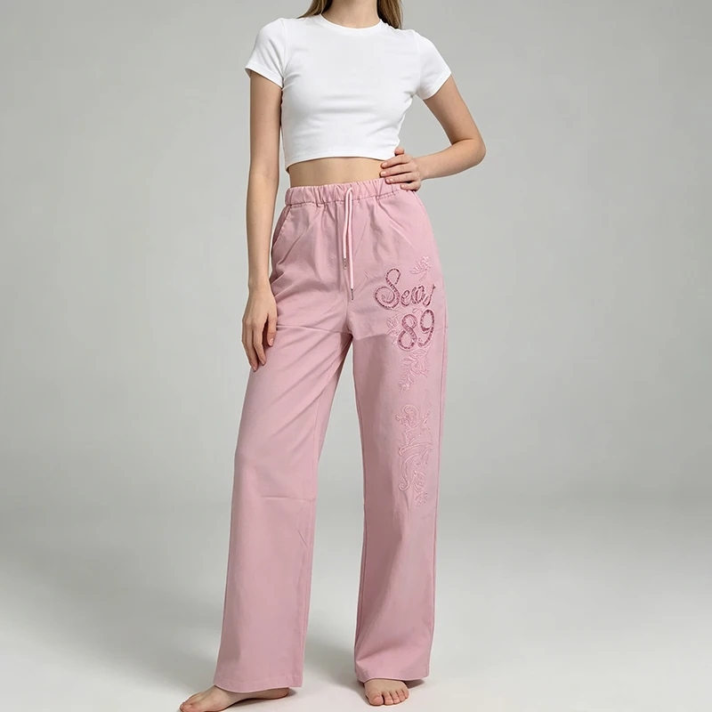 2026 Women's Y2K Retro Pink Wide Leg Pants with Embroidered Alphabet, Drawstring, Elastic Waist, Loose Streetwear, Casual Pants