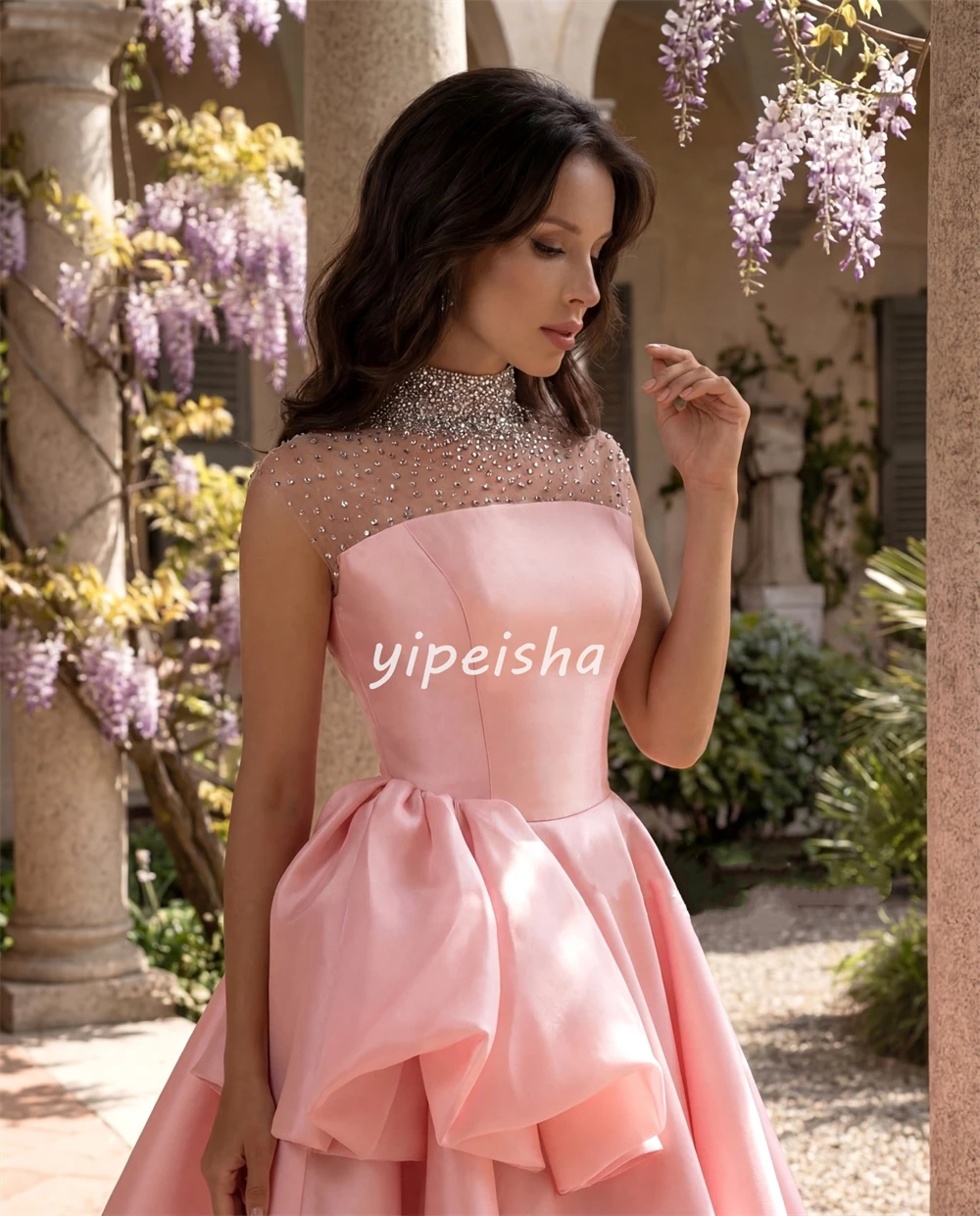 Robes de soirée formelles personnalisées, robes de bal en cristal Charmeuse de haute qualité, Style moderne, sans manches, ligne a, longueur au sol