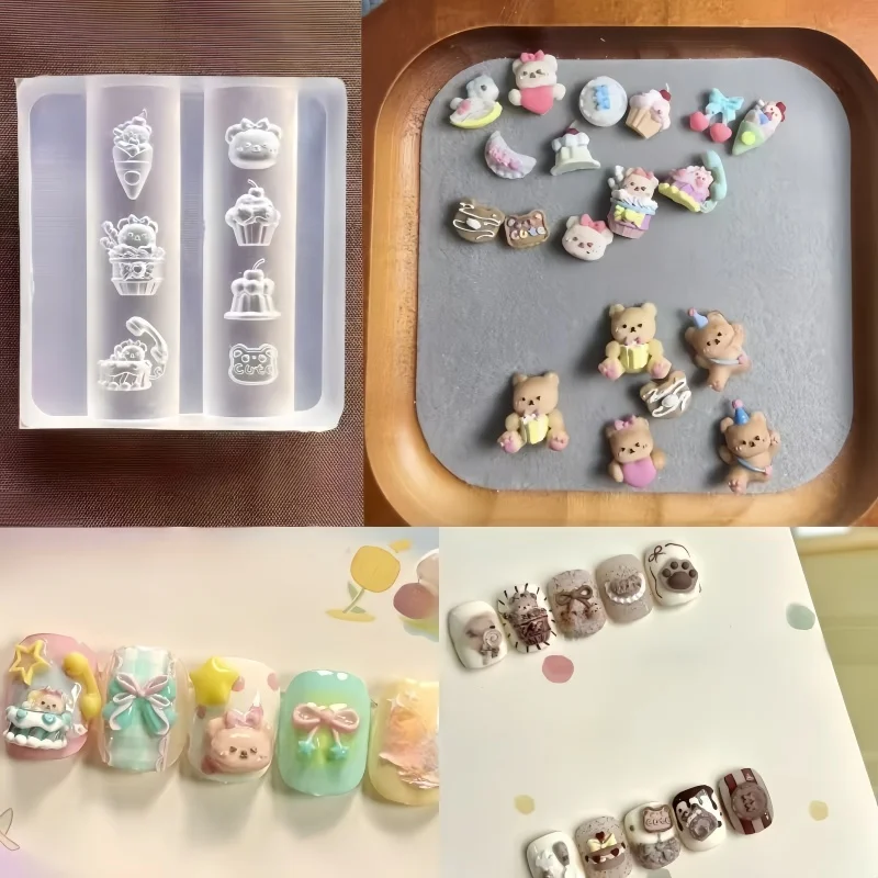 1 PC Silicone Nail Molds Bowknot Bear Cartoon Tableware For Outings Dessert Party Cute DIY Art Decorations Transparent Nail Mold