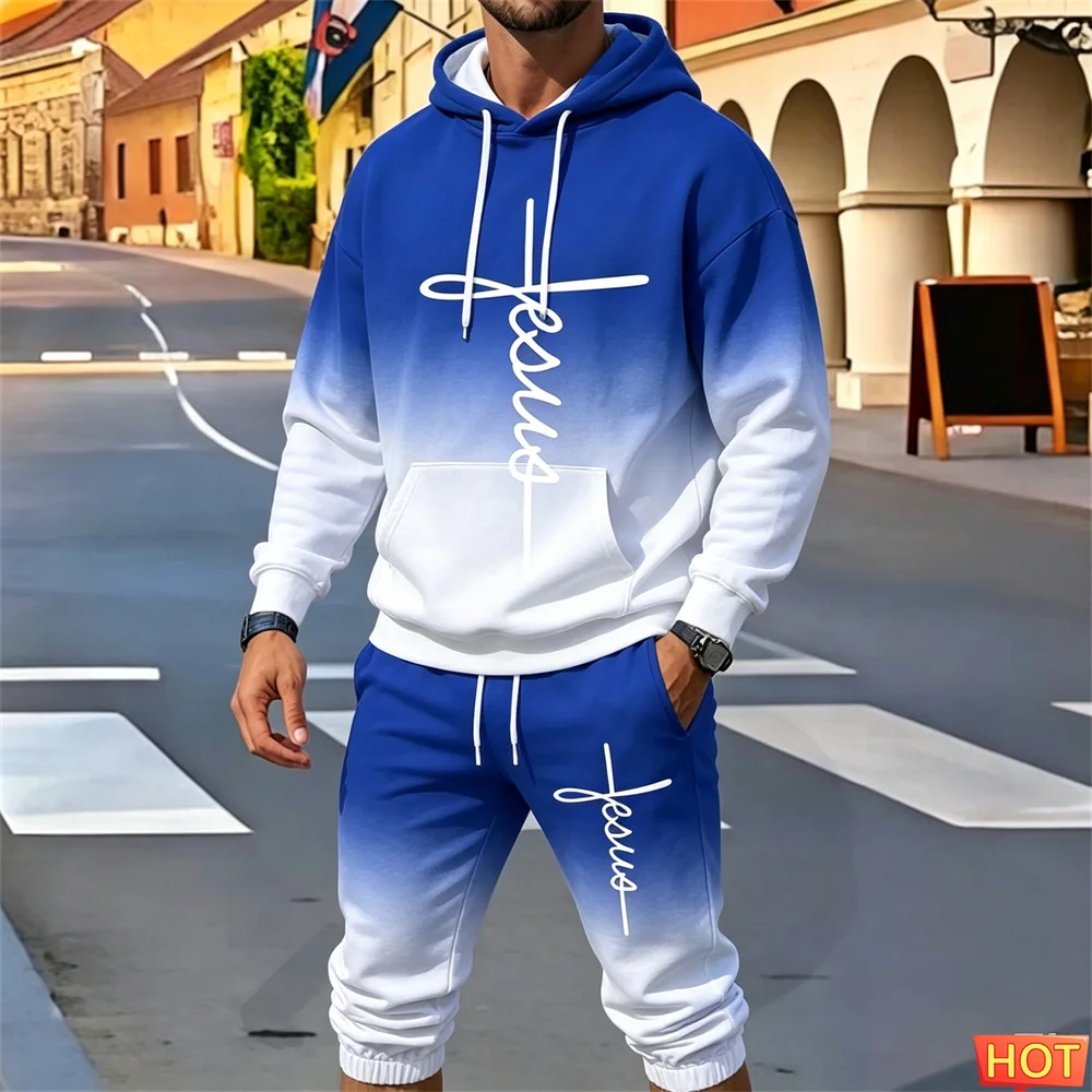 Autumn/Winter Men's Gradient Hoodie Set Graphic Hoodie Mens Hoodie Pants Two-piece Set Men Casual Home Pullover Suit y2k Clothes