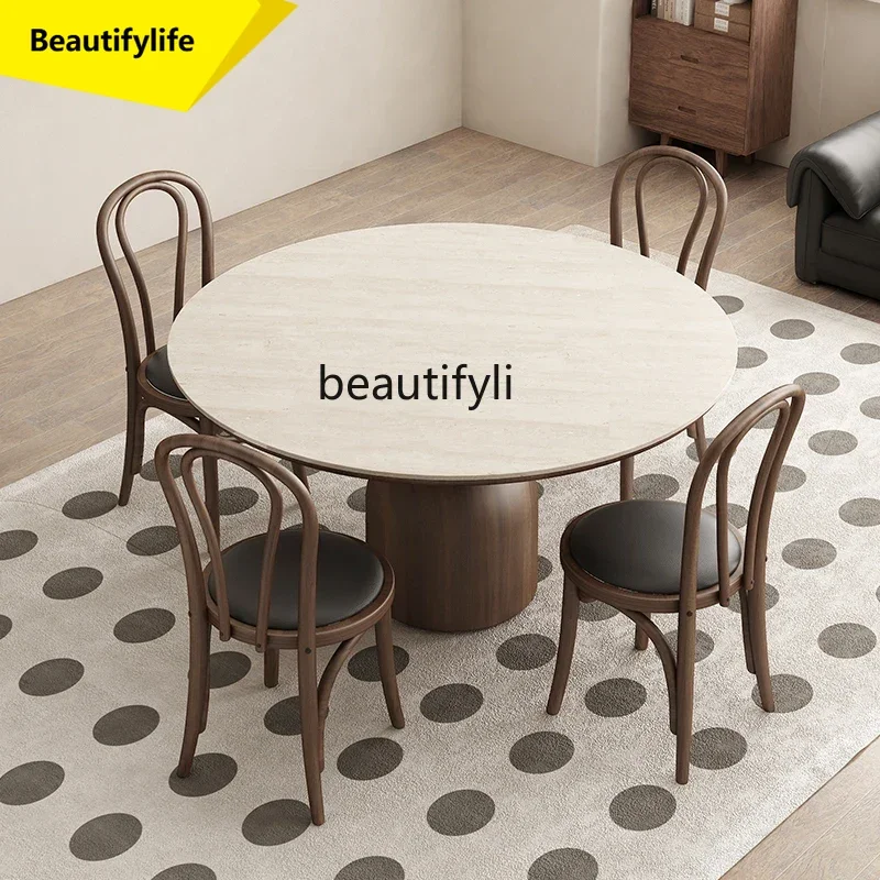 

LL A57 Retro walnut round dining table rock slab household solid wood French dining table and chair combination