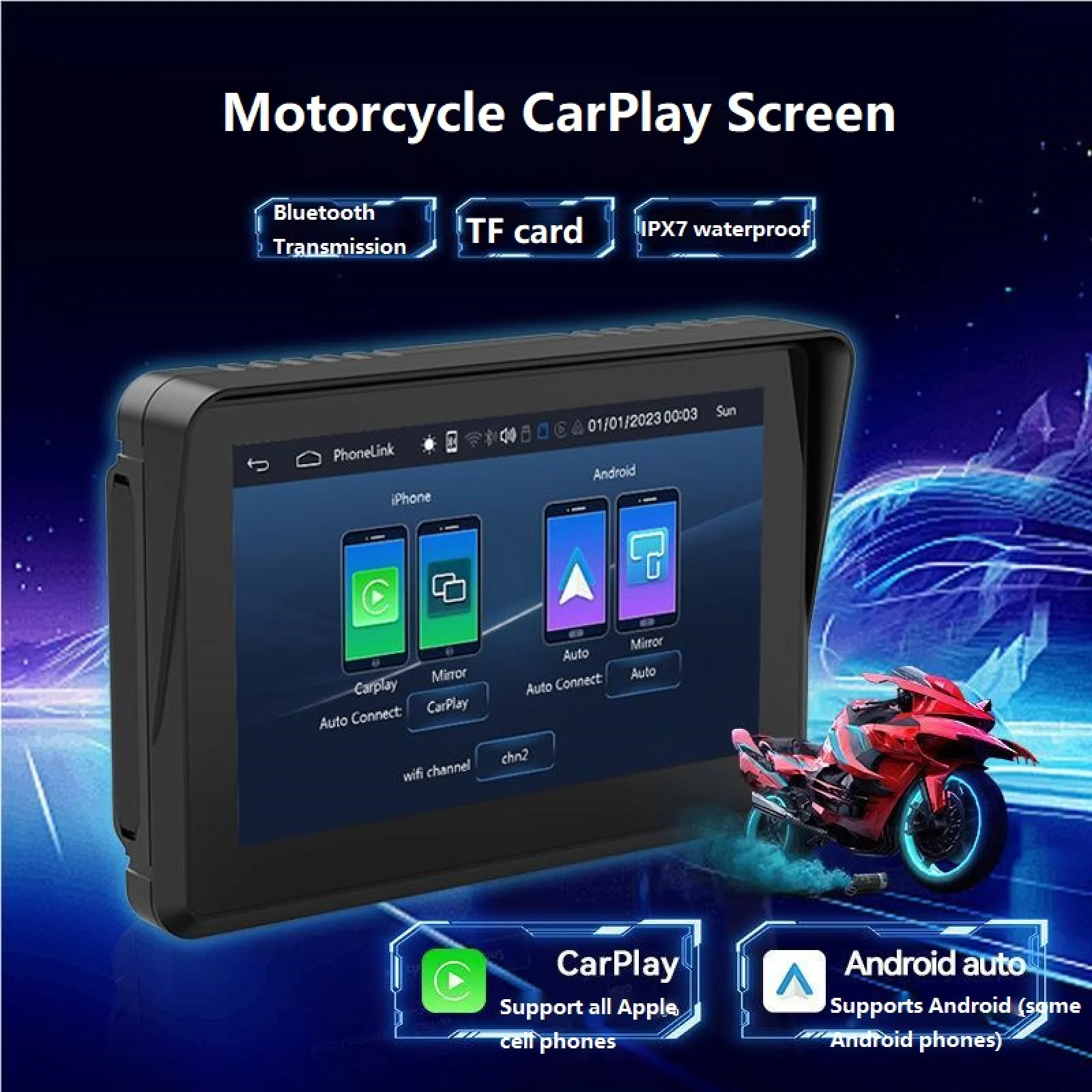 

5 Inch Motorcycle Navigation External Portable Touch Screen Moto CarPlay Wireless CarPlay Android Auto IPX7 Waterproof