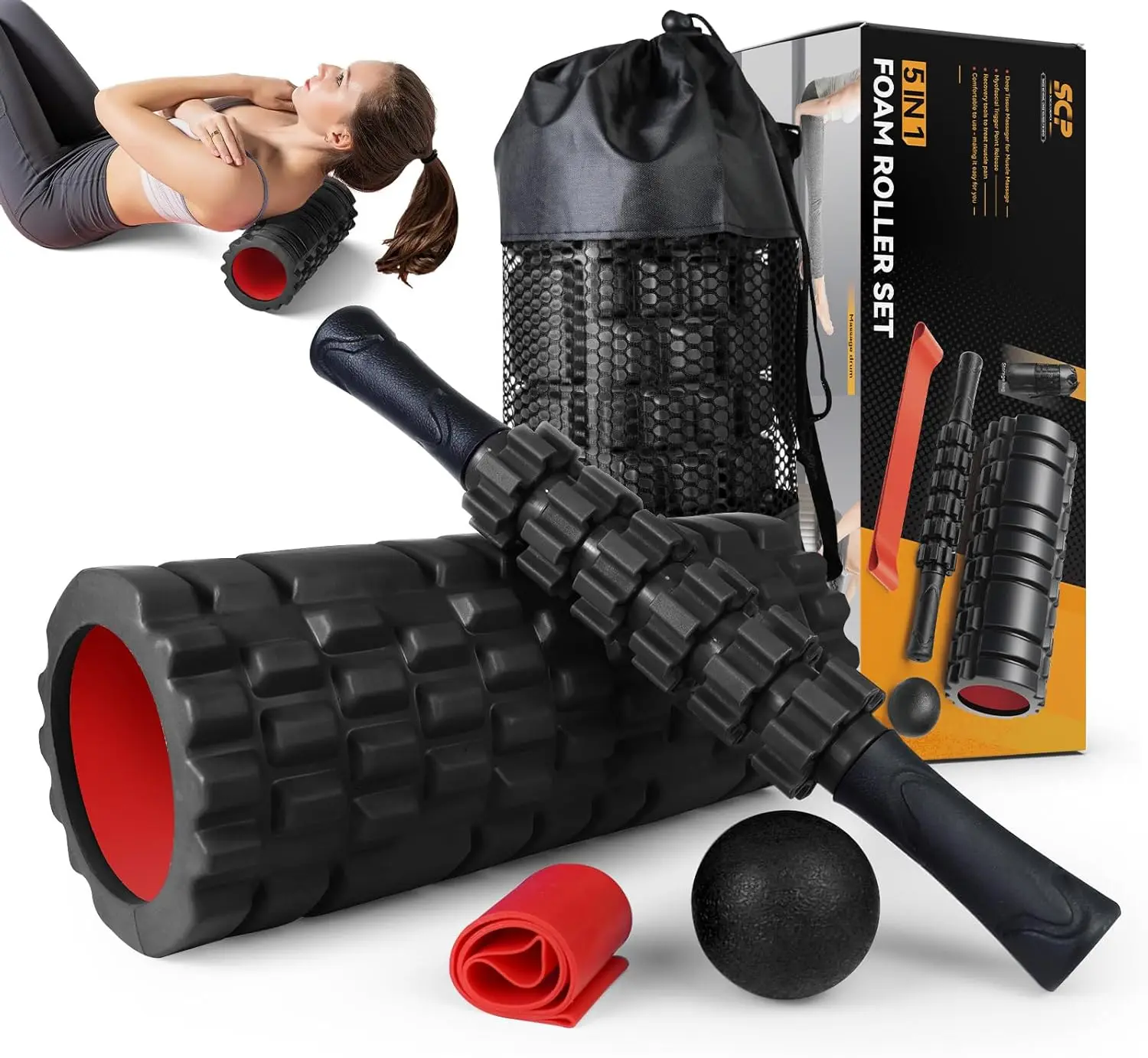 

5-in-1 Foam Roller Set for Deep Muscle Massage, Yoga, Pilates, Fitness Exercise - Black-Red