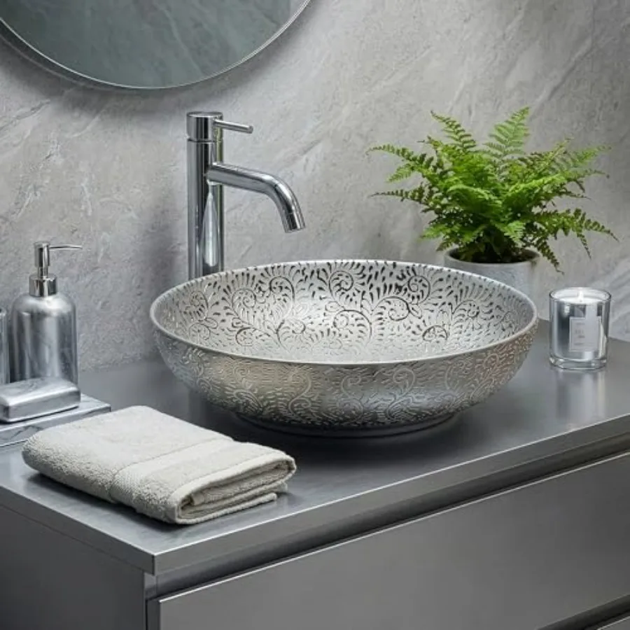 

Роскошная серебристая раковина для ванной 20x15 см - Овальная керамическая чаша-раковина, элегантная накладная раковина для установки на столешницу