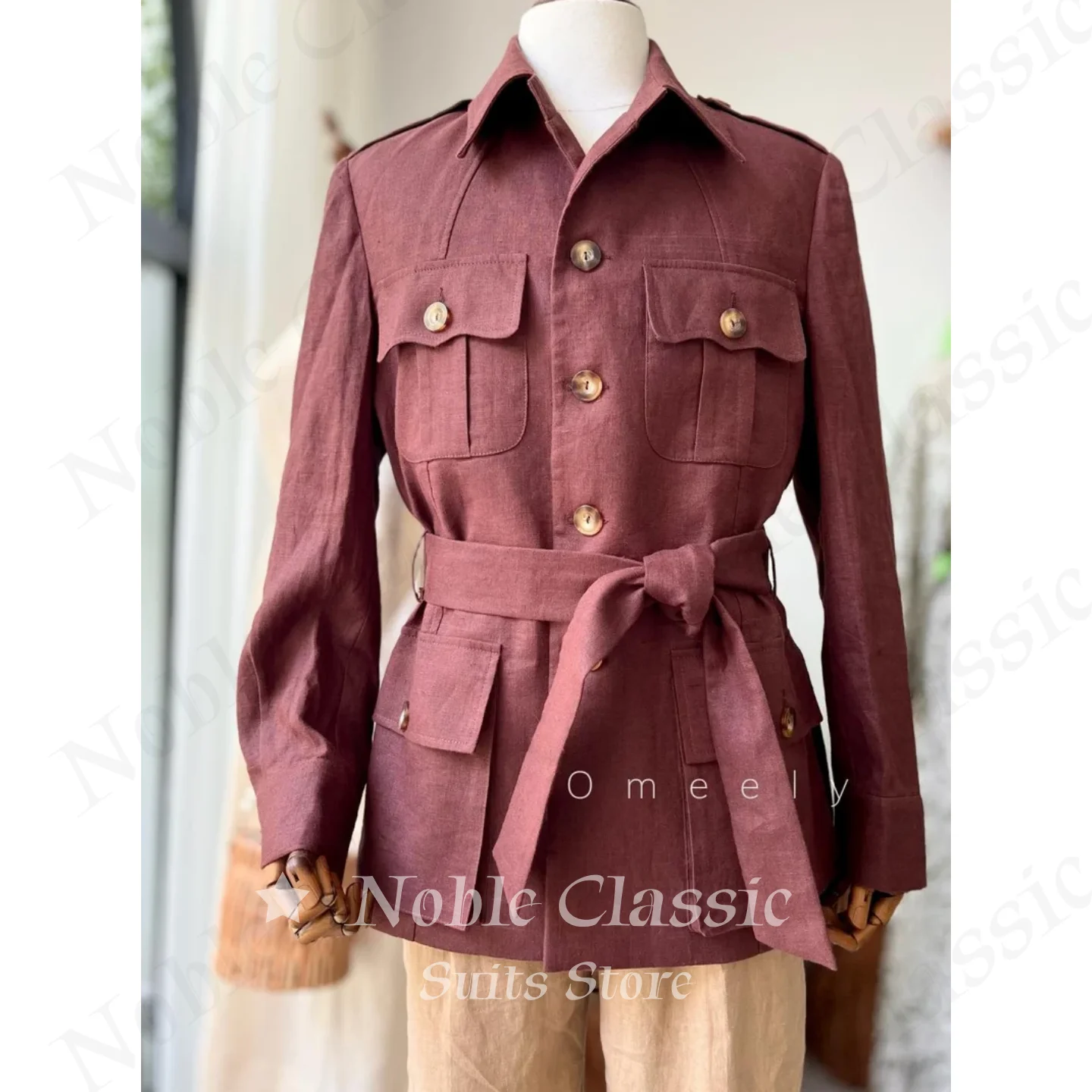 Wine Red Linen Safari 2 Piece Suit Men Jacket Khaki Pants Set Lightweight Casual Suit For Outdoor Travel Street Customized