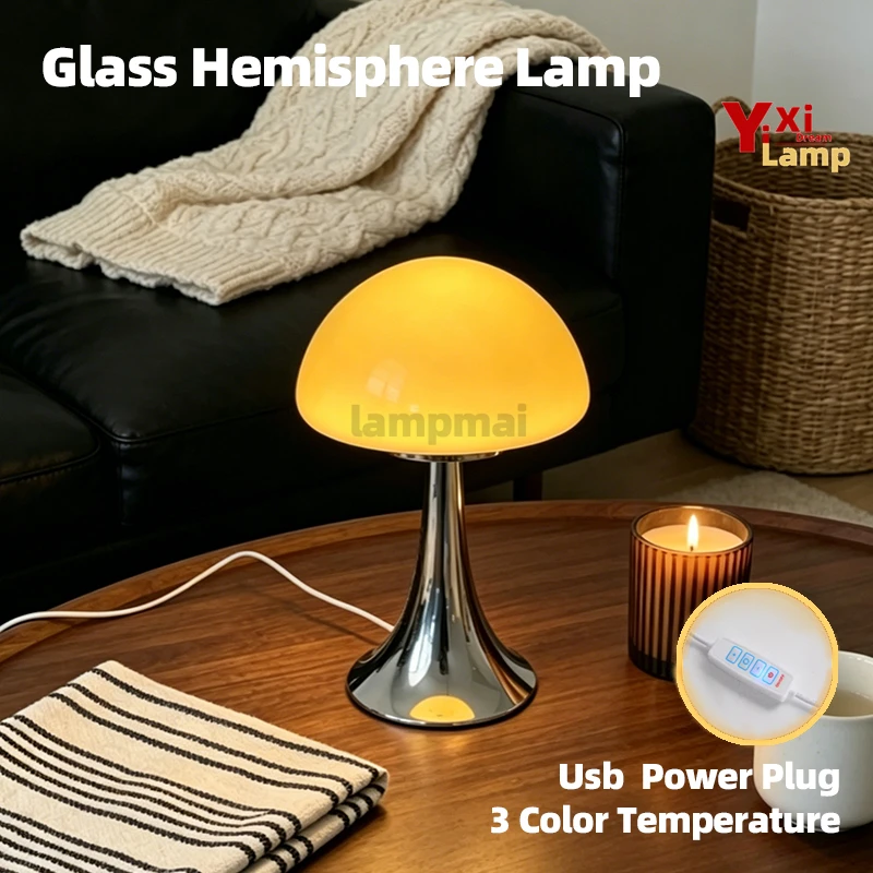 Murano Glass Hemisphere Table Lamp, 3 Color Temp Dimmable Bedside Lamp, Decor Desk Light for Bedroom, Dorm & Study Room