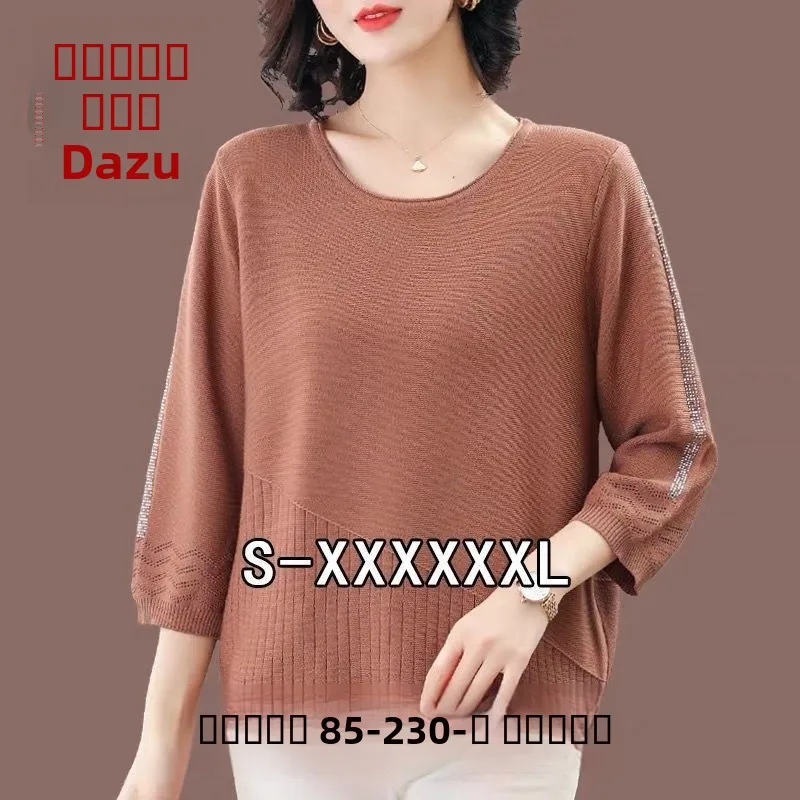 

Spring Summer New plus Size Ice Silk Knitted Base irt Tee Quarter Sve Loose Thin Mom Top Faionable Ladies Knitwear