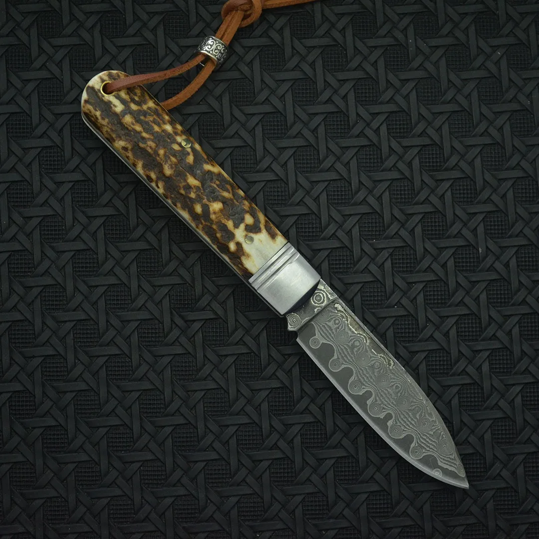 Gentleman Style Folding Pocket Knife, Pattern-Welded Steel Blade Compact EDC Utility Tool for Outdoor and Daily Use