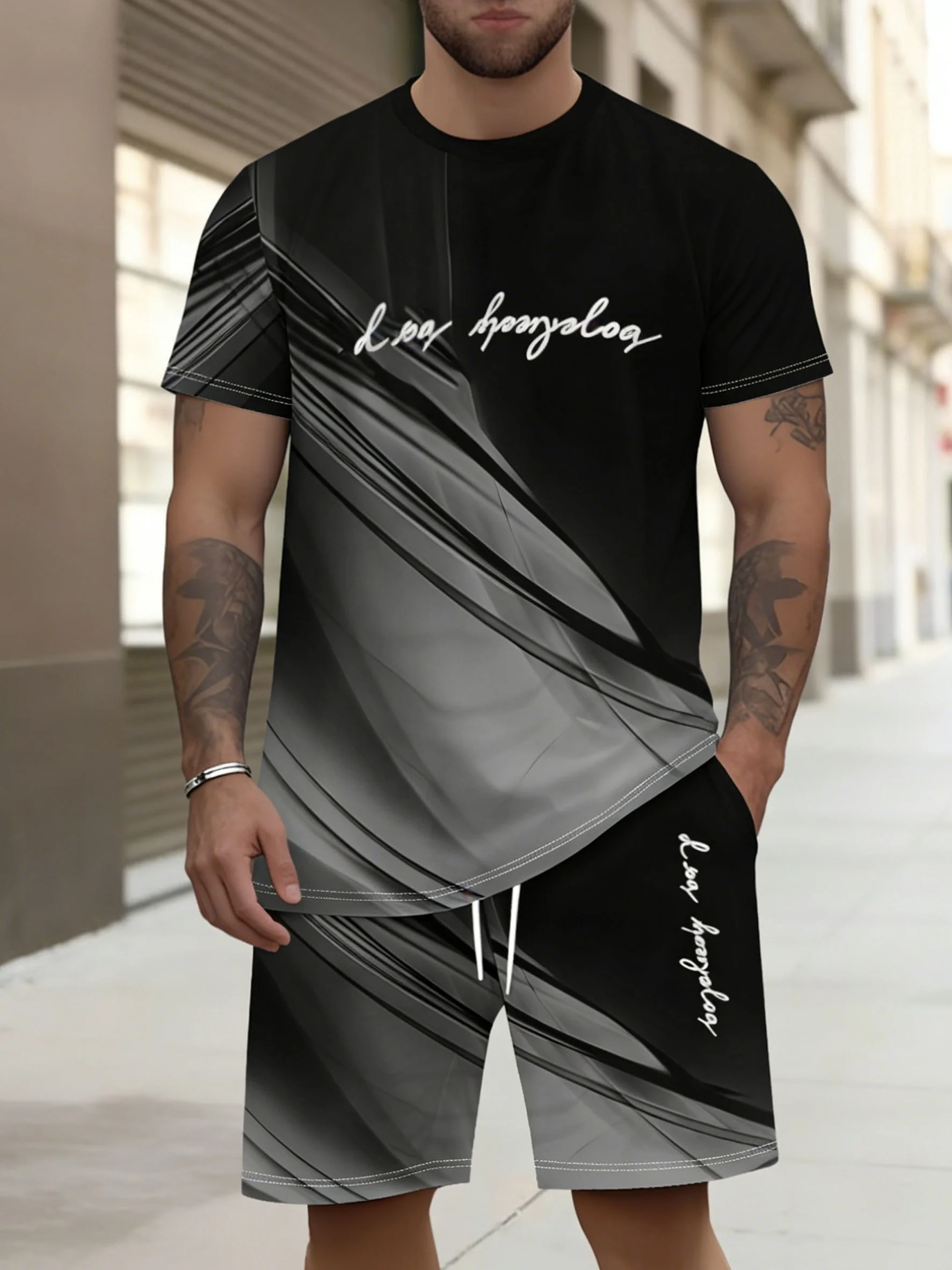 

2026 Summer New Arrival Men's Casual Two-Piece Set Striped Print Short-Sleeve Shirt and Athletic Shorts Set Men's Fitness Set