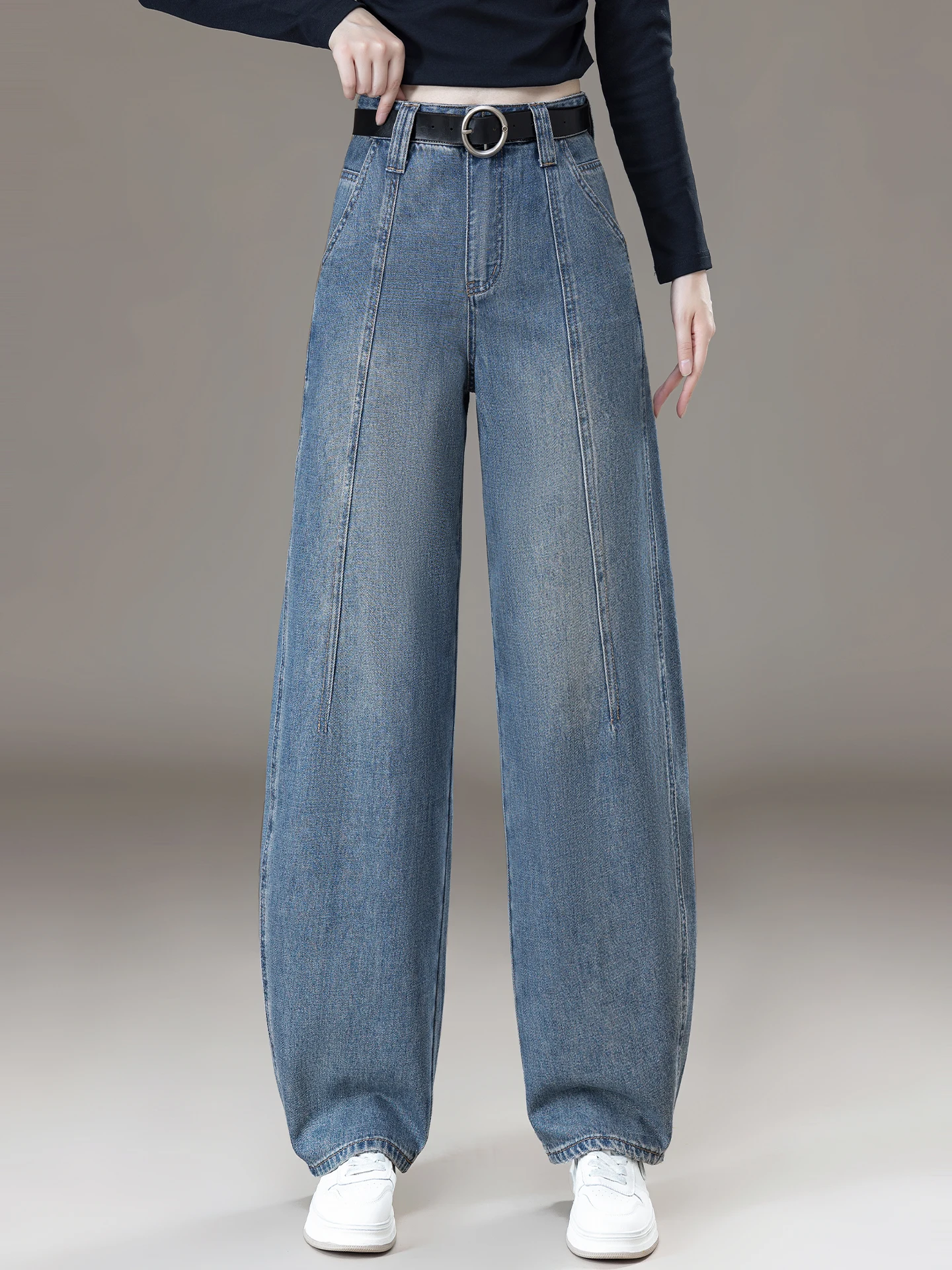 High Waist Wide Leg Knife  Jeans Women's Casual Style Spring Autumn New Small Size Loose Slimming Blue Denim Pants