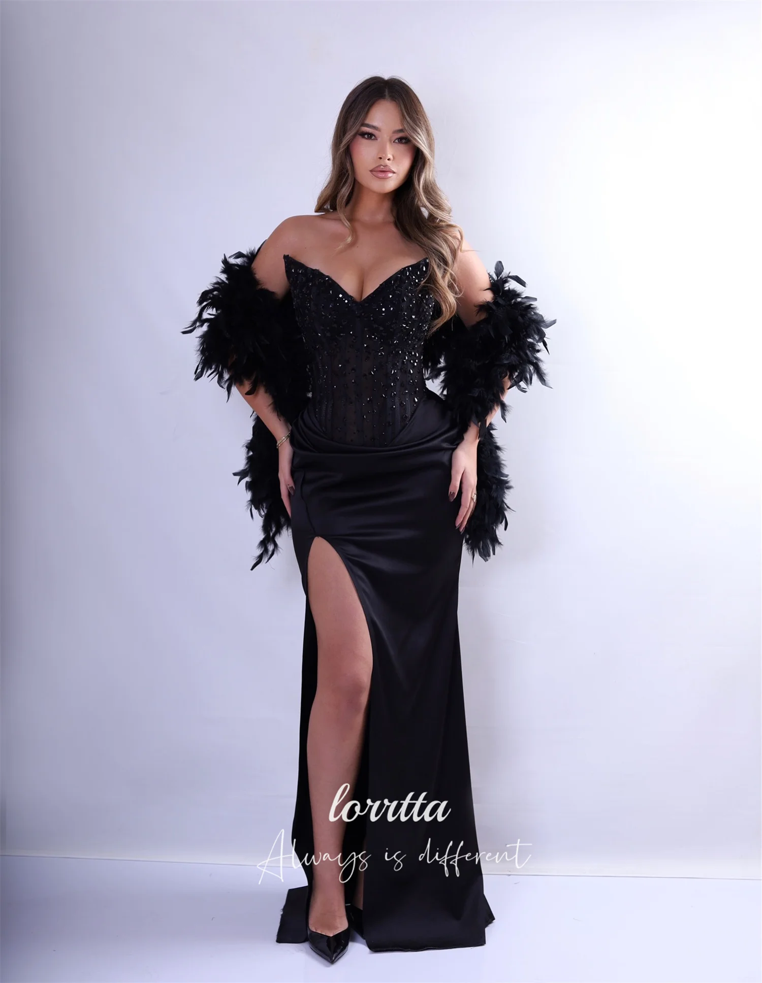 Lorrtta Shawl Prom Dress Evening Dresses for Special Occasions Satin Elegant Party Dresses Feather Customized Black Mermaid