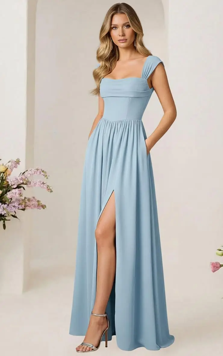 

Women Chiffon Cap Sleeve Bridesmaid Dresses Long A Line Pleated Square Neck Split Evening Party Gown with Pockets Ball Gown